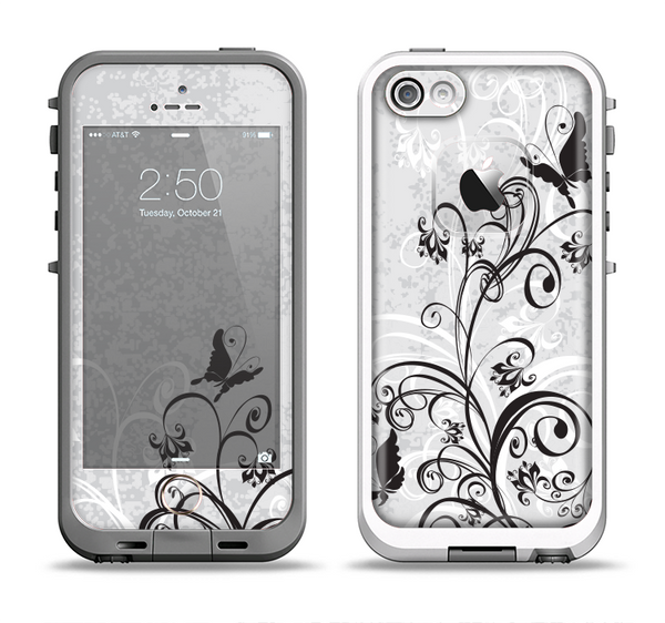 The Black and White Vector Butterfly Floral Apple iPhone 5-5s LifeProof Fre Case Skin Set