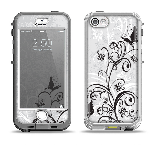 The Black and White Vector Butterfly Floral Apple iPhone 5-5s LifeProof Nuud Case Skin Set