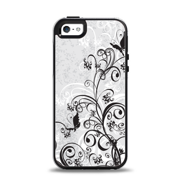 The Black and White Vector Butterfly Floral Apple iPhone 5-5s Otterbox Symmetry Case Skin Set
