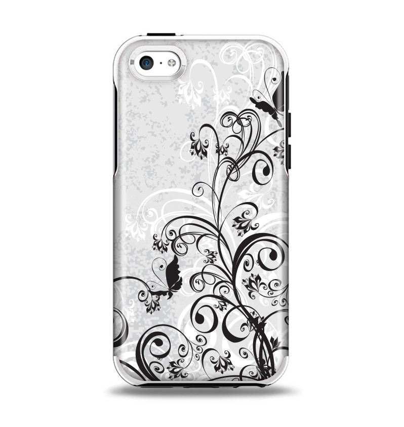 The Black and White Vector Butterfly Floral Apple iPhone 5c Otterbox Symmetry Case Skin Set