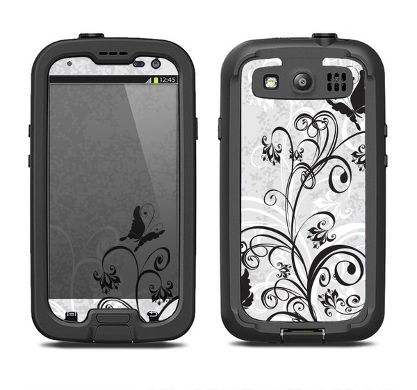The Black and White Vector Butterfly Floral Samsung Galaxy S3 LifeProof Fre Case Skin Set