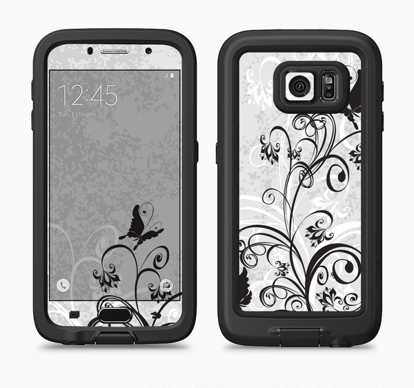 The Black and White Vector Butterfly Floral Full Body Samsung Galaxy S6 LifeProof Fre Case Skin Kit