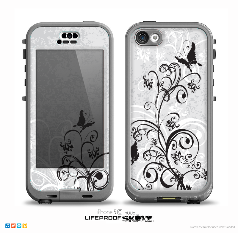 The Black and White Vector Butterfly Floral Skin for the iPhone 5c nüüd LifeProof Case