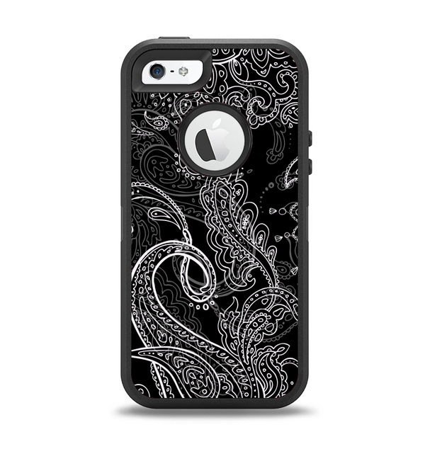 The Black with Thin White Paisley Pattern Apple iPhone 5-5s Otterbox Defender Case Skin Set