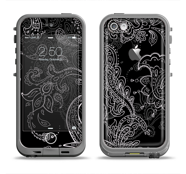 The Black with Thin White Paisley Pattern Apple iPhone 5c LifeProof Fre Case Skin Set
