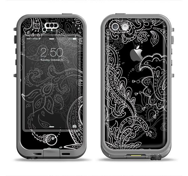 The Black with Thin White Paisley Pattern Apple iPhone 5c LifeProof Nuud Case Skin Set