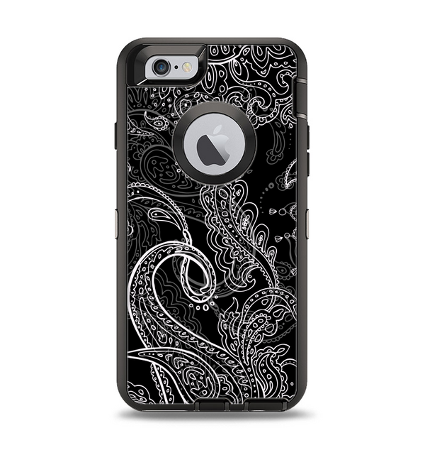 The Black with Thin White Paisley Pattern Apple iPhone 6 Otterbox Defender Case Skin Set