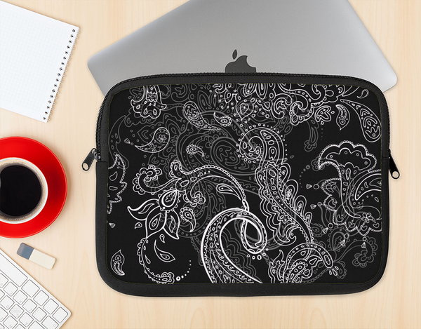 The Black with Thin White Paisley Pattern Ink-Fuzed NeoPrene MacBook Laptop Sleeve