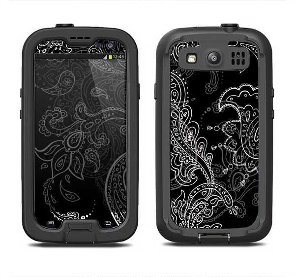 The Black with Thin White Paisley Pattern Samsung Galaxy S3 LifeProof Fre Case Skin Set