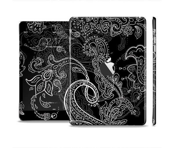 The Black with Thin White Paisley Pattern Full Body Skin Set for the Apple iPad Mini 2