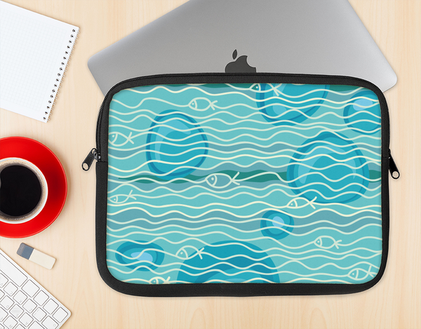 The Blue Abstarct Cells with Fish Water Illustration Ink-Fuzed NeoPrene MacBook Laptop Sleeve