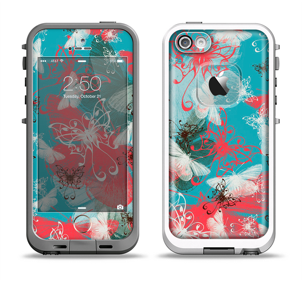 The Blue & Coral Abstract Butterfly Sprout Apple iPhone 5-5s LifeProof Fre Case Skin Set