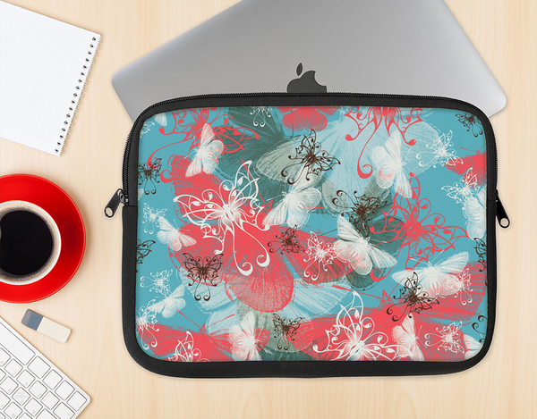 The Blue & Coral Abstract Butterfly Sprout Ink-Fuzed NeoPrene MacBook Laptop Sleeve