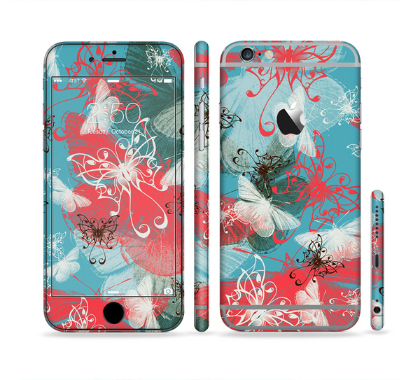 The Blue & Coral Abstract Butterfly Sprout Sectioned Skin Series for the Apple iPhone 6