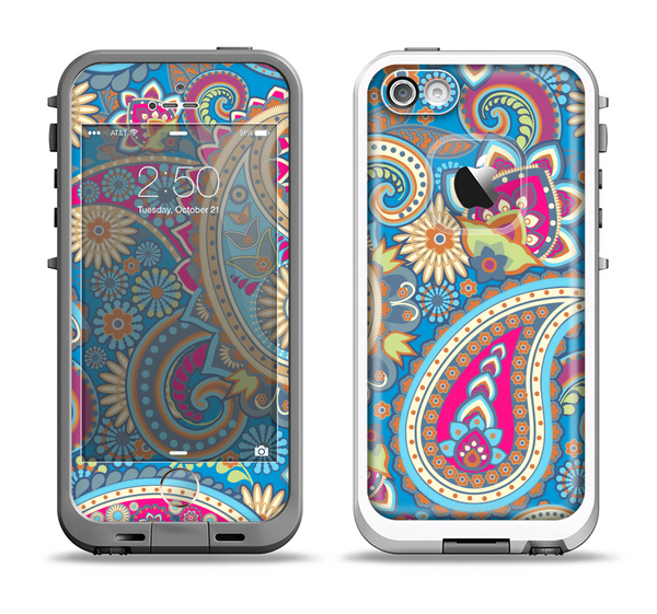 The Blue & Pink Layered Paisley Pattern V3 Apple iPhone 5-5s LifeProof Fre Case Skin Set