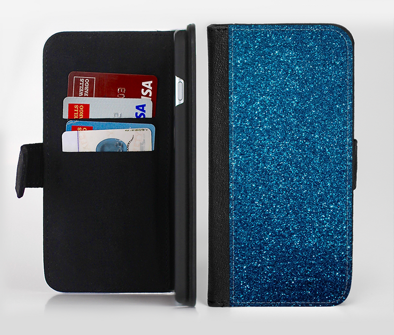 The Blue Sparkly Glitter Ultra Metallic Ink-Fuzed Leather Folding Wallet Credit-Card Case for the Apple iPhone 6/6s, 6/6s Plus, 5/5s and 5c