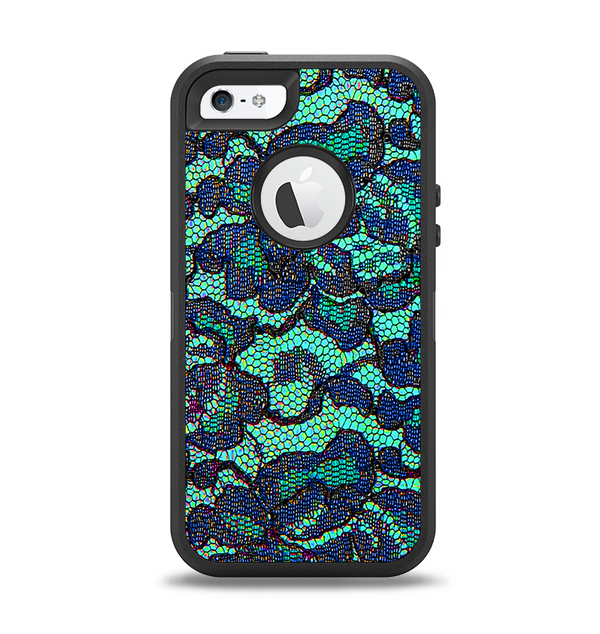The Blue & Teal Lace Texture Apple iPhone 5-5s Otterbox Defender Case Skin Set