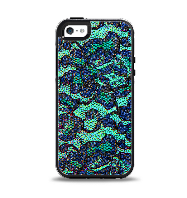 The Blue & Teal Lace Texture Apple iPhone 5-5s Otterbox Symmetry Case Skin Set