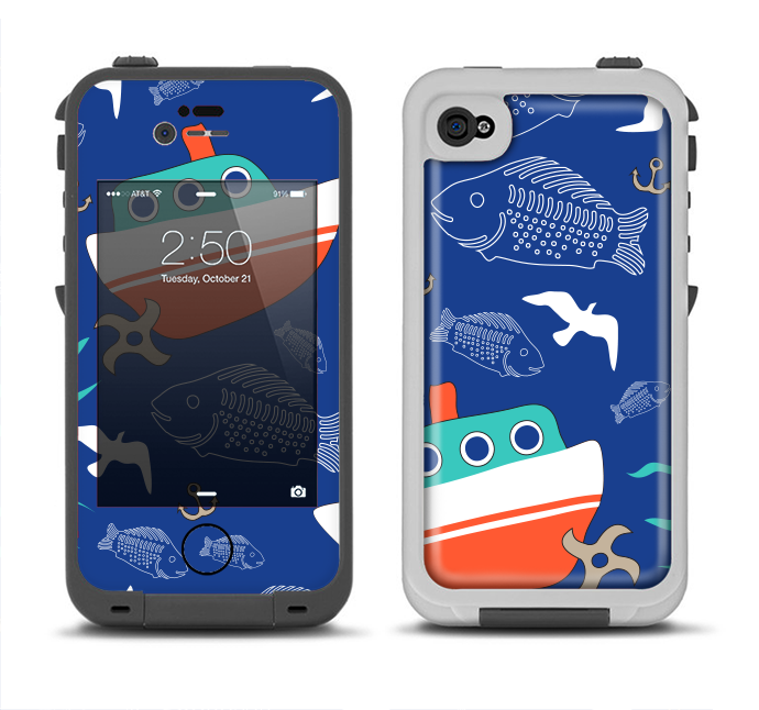 The Blue Vector Fish and Boat Pattern Apple iPhone 4-4s LifeProof Fre Case Skin Set
