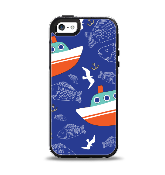 The Blue Vector Fish and Boat Pattern Apple iPhone 5-5s Otterbox Symmetry Case Skin Set