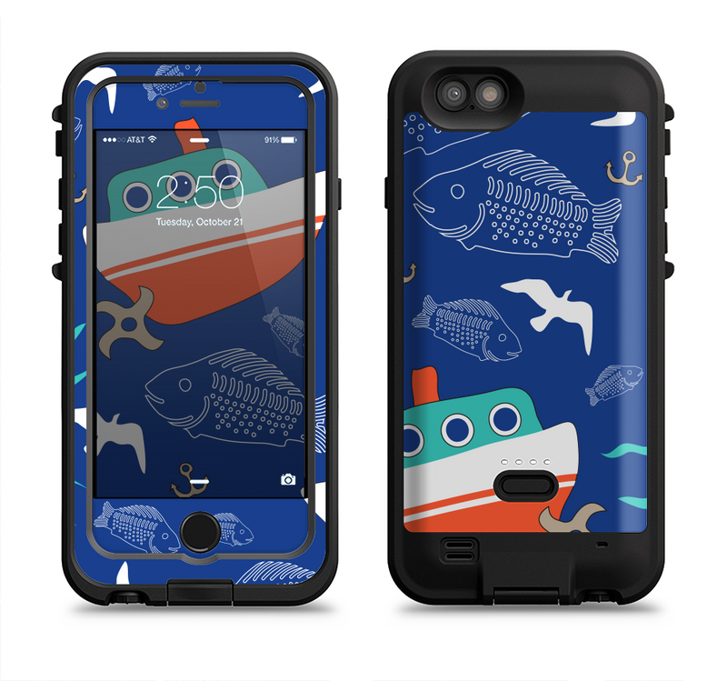 The Blue Vector Fish and Boat Pattern Apple iPhone 6/6s LifeProof Fre POWER Case Skin Set