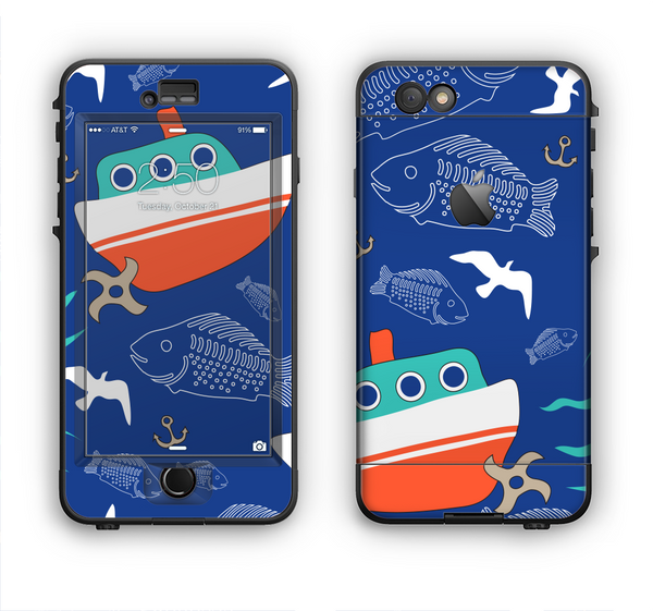 The Blue Vector Fish and Boat Pattern Apple iPhone 6 LifeProof Nuud Case Skin Set