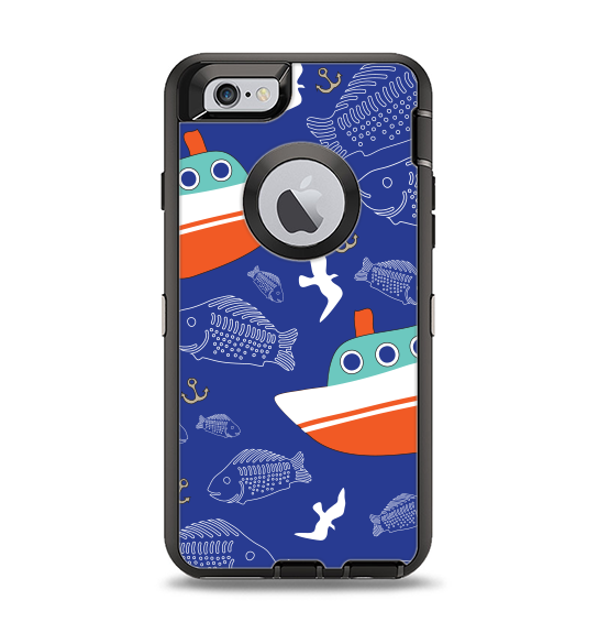 The Blue Vector Fish and Boat Pattern Apple iPhone 6 Otterbox Defender Case Skin Set