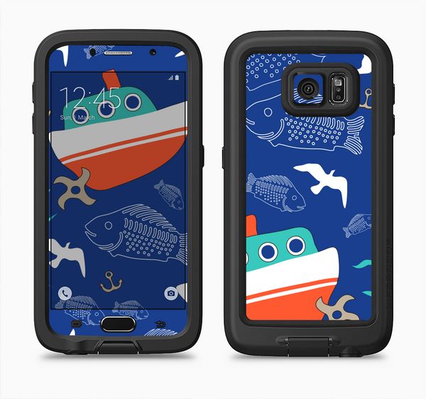 The Blue Vector Fish and Boat Pattern Full Body Samsung Galaxy S6 LifeProof Fre Case Skin Kit