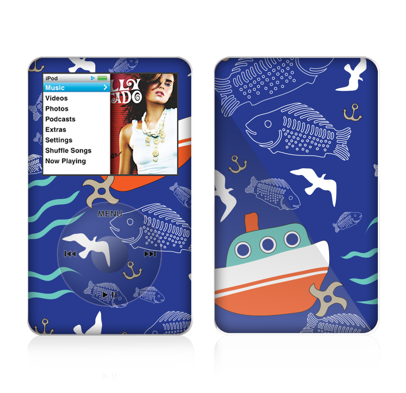 The Blue Vector Fish and Boat Pattern Skin For The Apple iPod Classic