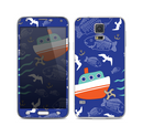 The Blue Vector Fish and Boat Pattern Skin For the Samsung Galaxy S5