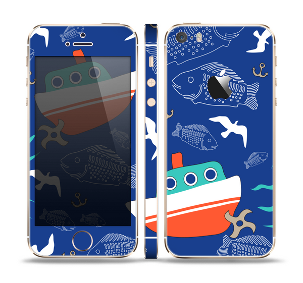 The Blue Vector Fish and Boat Pattern Skin Set for the Apple iPhone 5s