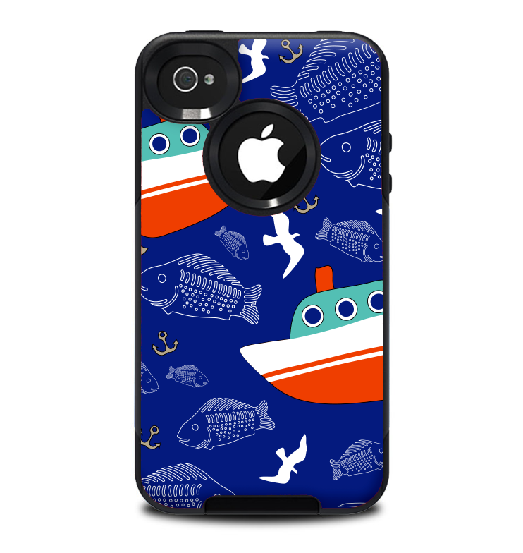 The Blue Vector Fish and Boat Pattern Skin for the iPhone 4-4s OtterBox Commuter Case