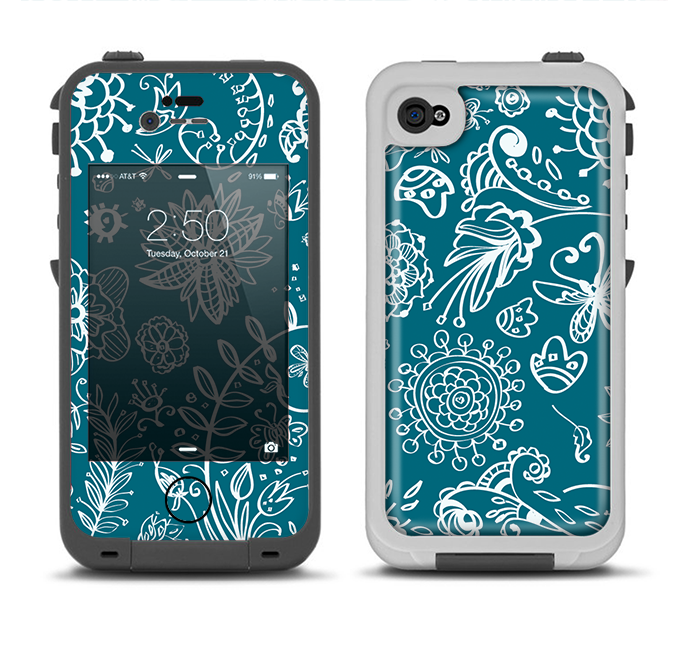 The Blue & White Floral Sketched Lace Patterns v21 Apple iPhone 4-4s LifeProof Fre Case Skin Set