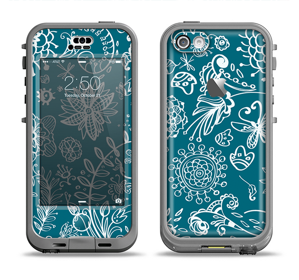 The Blue & White Floral Sketched Lace Patterns v21 Apple iPhone 5c LifeProof Nuud Case Skin Set