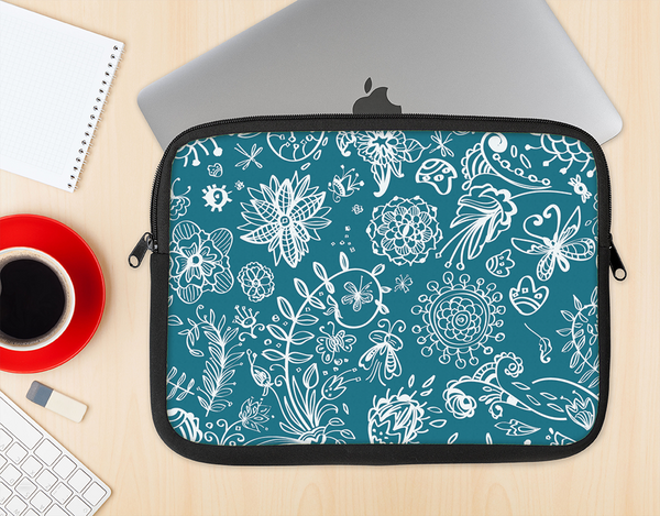 The Blue & White Floral Sketched Lace Patterns v21 Ink-Fuzed NeoPrene MacBook Laptop Sleeve