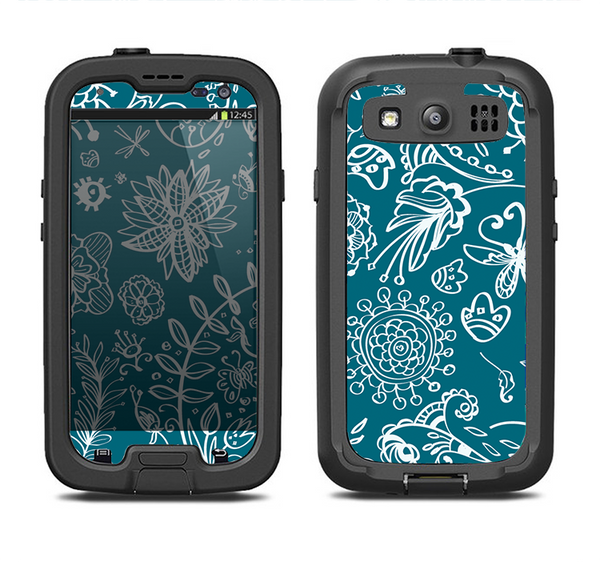 The Blue & White Floral Sketched Lace Patterns v21 Samsung Galaxy S3 LifeProof Fre Case Skin Set