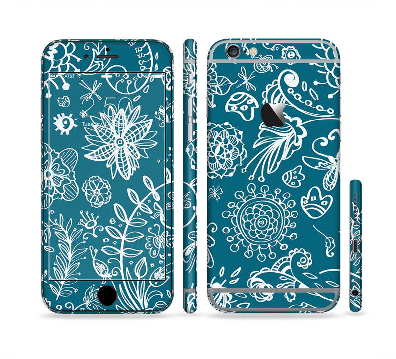 The Blue & White Floral Sketched Lace Patterns v21 Sectioned Skin Series for the Apple iPhone 6