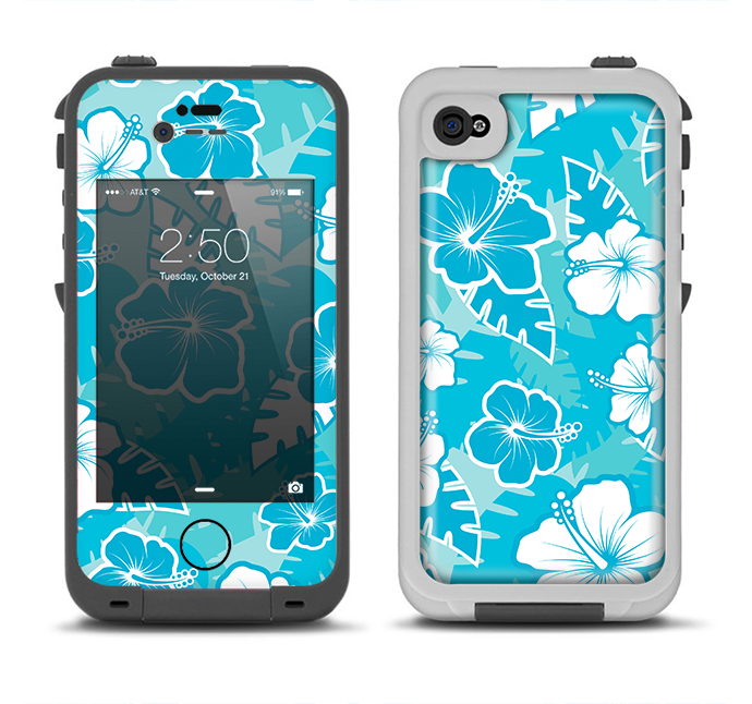 The Blue & White Hawaiian Floral Pattern V4 Apple iPhone 4-4s LifeProof Fre Case Skin Set