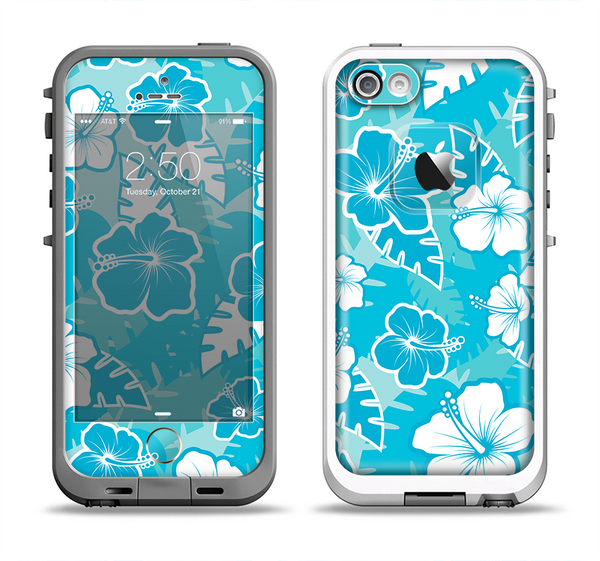 The Blue & White Hawaiian Floral Pattern V4 Apple iPhone 5-5s LifeProof Fre Case Skin Set