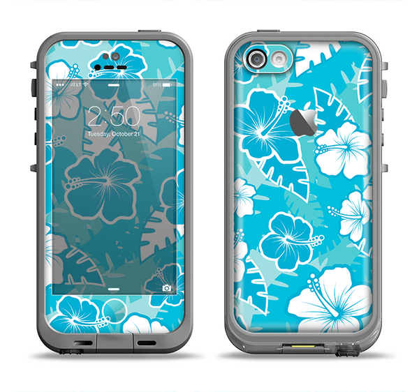 The Blue & White Hawaiian Floral Pattern V4 Apple iPhone 5c LifeProof Fre Case Skin Set