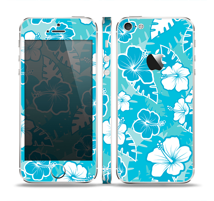 The Blue & White Hawaiian Floral Pattern V4 Skin Set for the Apple iPhone 5