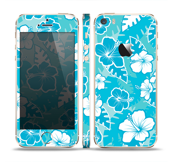 The Blue & White Hawaiian Floral Pattern V4 Skin Set for the Apple iPhone 5s