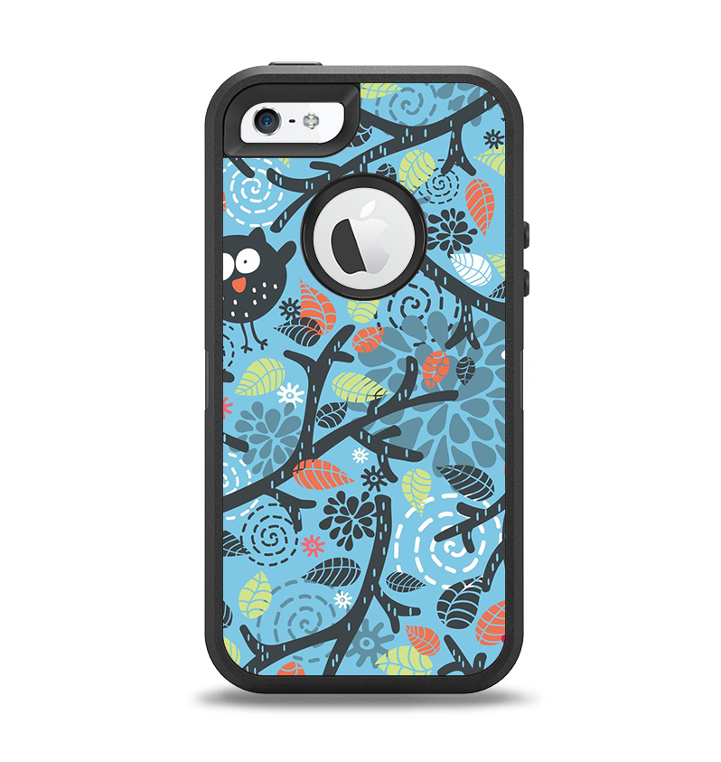 The Blue and Black Branches with Abstract Big Eyed Owls Apple iPhone 5-5s Otterbox Defender Case Skin Set