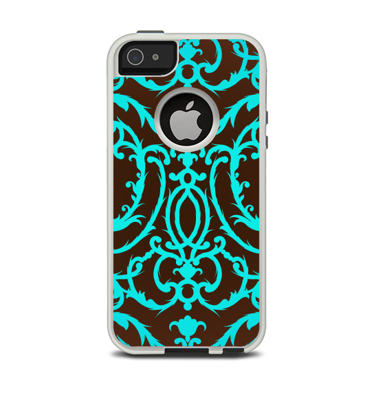 The Blue and Brown Elegant Lace Pattern Apple iPhone 5-5s Otterbox Commuter Case Skin Set