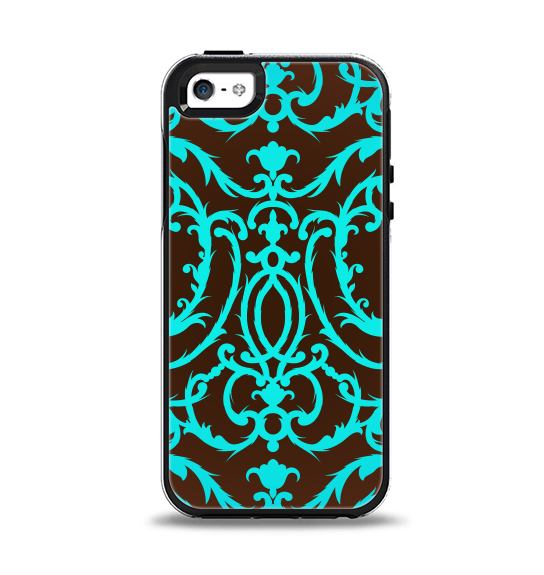 The Blue and Brown Elegant Lace Pattern Apple iPhone 5-5s Otterbox Symmetry Case Skin Set