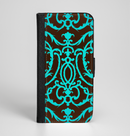 The Blue and Brown Elegant Lace Pattern Ink-Fuzed Leather Folding Wallet Case for the iPhone 6/6s, 6/6s Plus, 5/5s and 5c