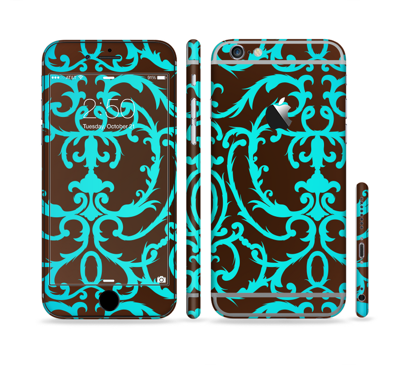 The Blue and Brown Elegant Lace Pattern Sectioned Skin Series for the Apple iPhone 6
