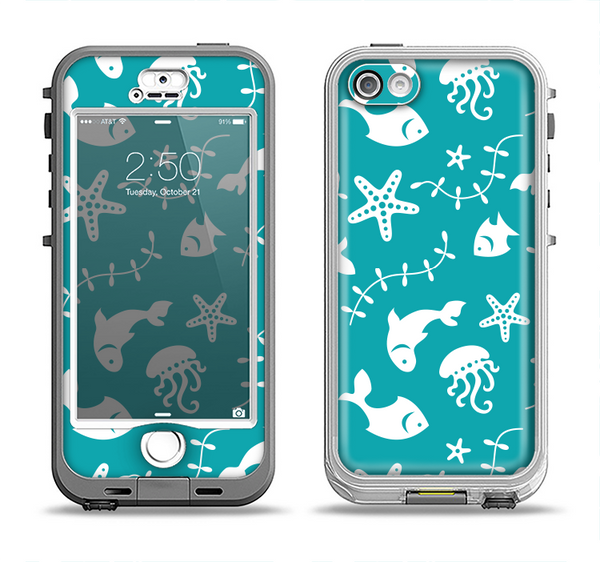 The Blue and White Cartoon Sea Creatures Apple iPhone 5-5s LifeProof Nuud Case Skin Set