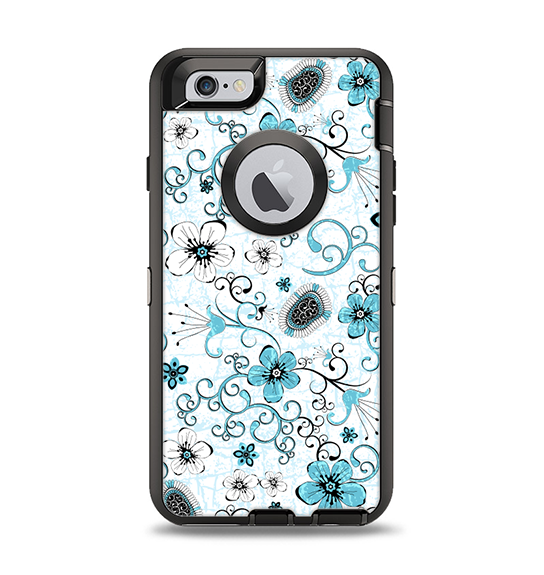 The Blue and White Floral Laced Pattern Apple iPhone 6 Otterbox Defender Case Skin Set