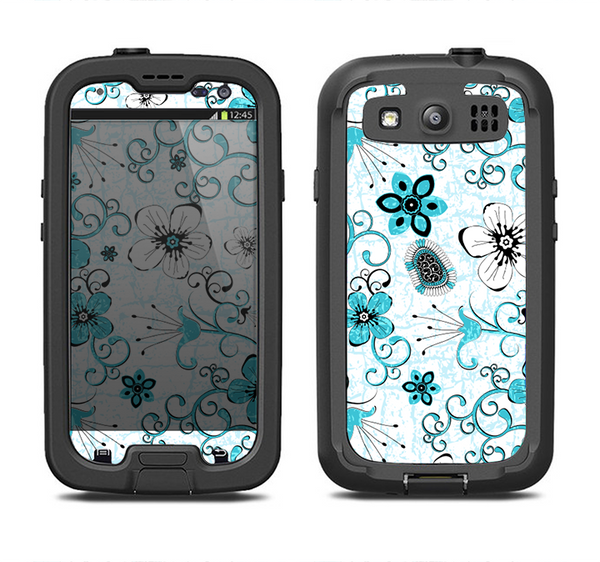 The Blue and White Floral Laced Pattern Samsung Galaxy S3 LifeProof Fre Case Skin Set